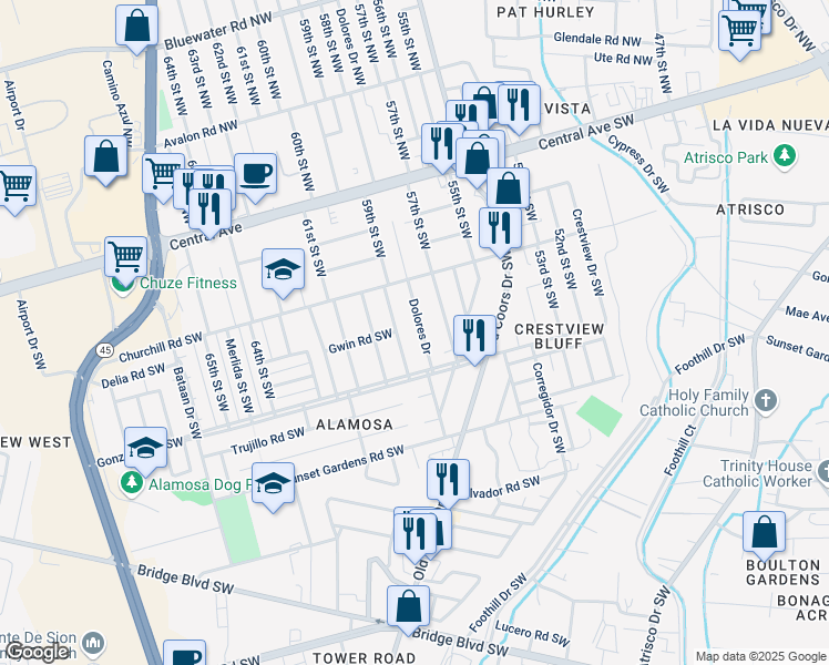 map of restaurants, bars, coffee shops, grocery stores, and more near 428 59th Street Southwest in Albuquerque