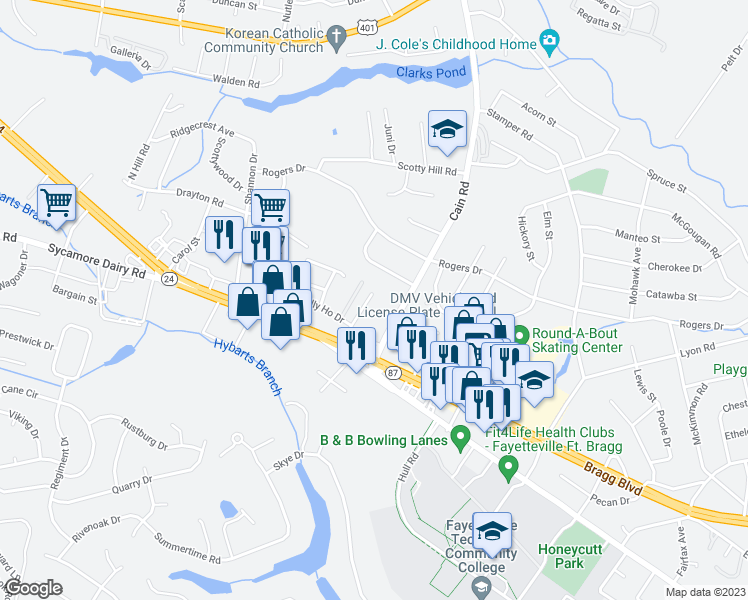 map of restaurants, bars, coffee shops, grocery stores, and more near 646 Tally Drive in Fayetteville