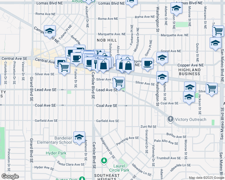map of restaurants, bars, coffee shops, grocery stores, and more near 3801 Lead Ave SE in Albuquerque