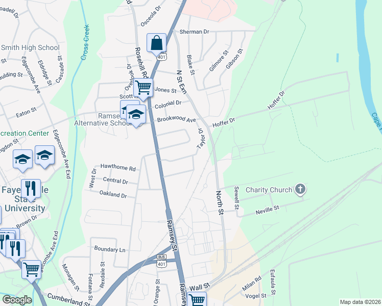 map of restaurants, bars, coffee shops, grocery stores, and more near 127 Buckingham Avenue in Fayetteville