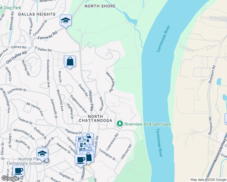 map of restaurants, bars, coffee shops, grocery stores, and more near 1638 Edgewood Circle in Chattanooga