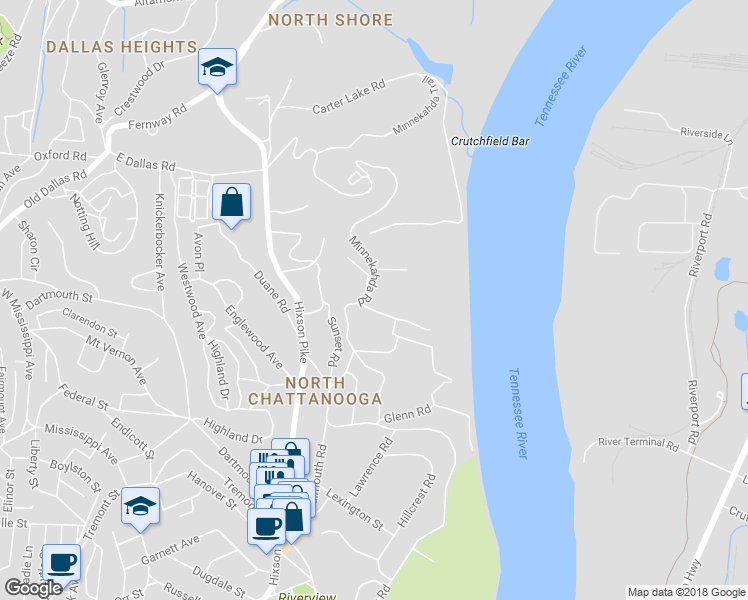 map of restaurants, bars, coffee shops, grocery stores, and more near 1638 Edgewood Circle in Chattanooga