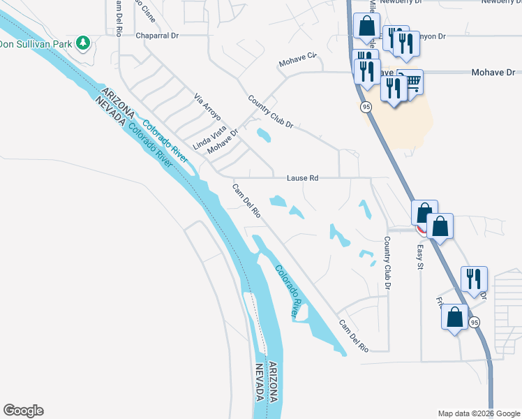 map of restaurants, bars, coffee shops, grocery stores, and more near 2834 Camino Del Rio in Bullhead City