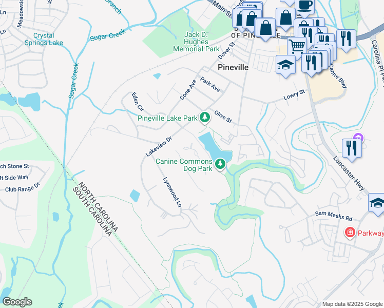 map of restaurants, bars, coffee shops, grocery stores, and more near 165 Water Oak Drive in Pineville