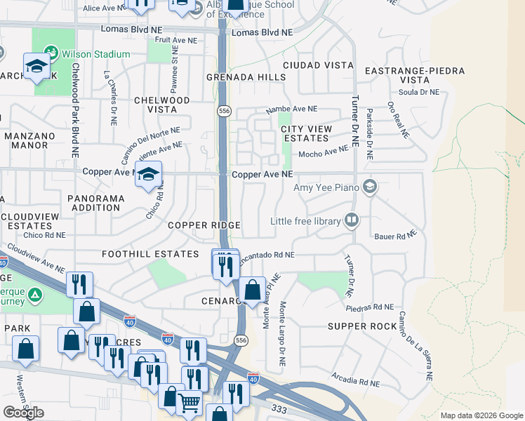 map of restaurants, bars, coffee shops, grocery stores, and more near 633 Monte Alto Drive Northeast in Albuquerque