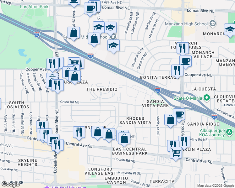 map of restaurants, bars, coffee shops, grocery stores, and more near 11032 Morris Street Northeast in Albuquerque