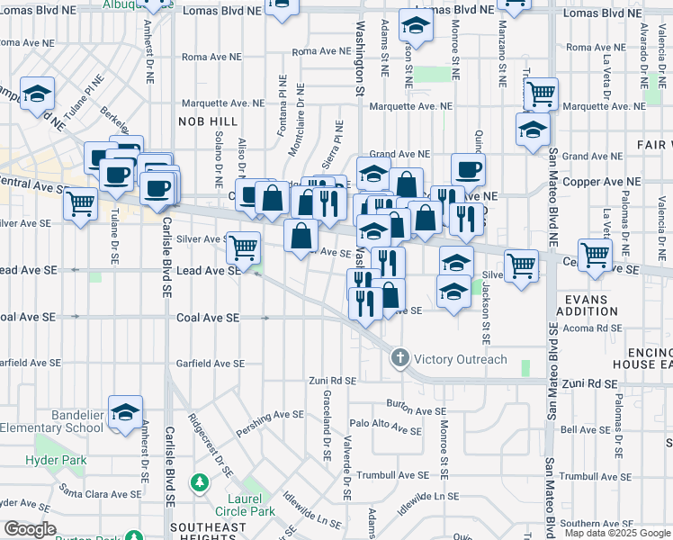 map of restaurants, bars, coffee shops, grocery stores, and more near 4314 Silver Avenue Southeast in Albuquerque