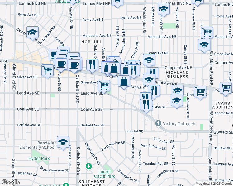 map of restaurants, bars, coffee shops, grocery stores, and more near 219 Montclaire Drive Southeast in Albuquerque