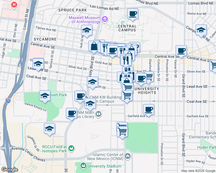 map of restaurants, bars, coffee shops, grocery stores, and more near in Albuquerque