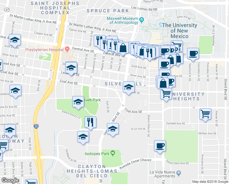 map of restaurants, bars, coffee shops, grocery stores, and more near 1618 Coal Avenue Southeast in Albuquerque