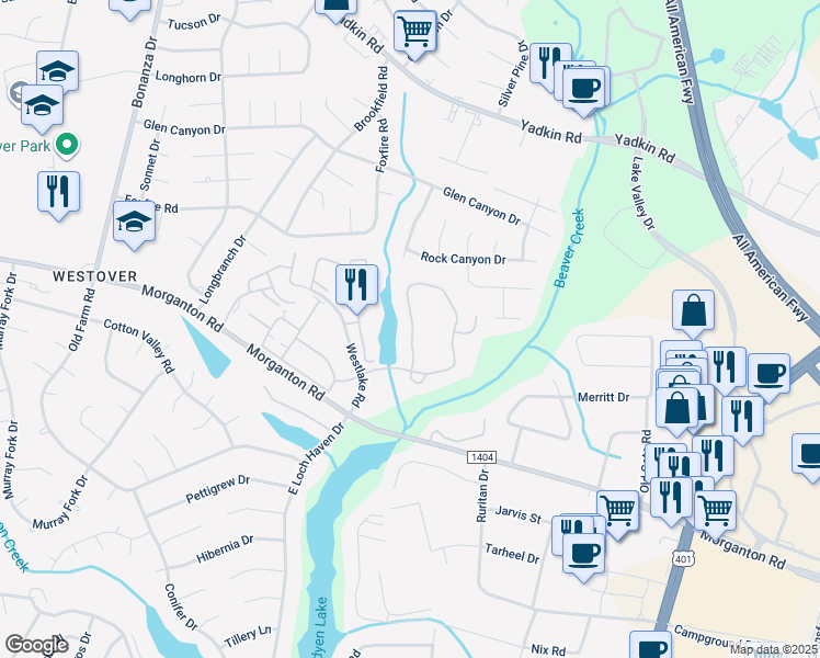 map of restaurants, bars, coffee shops, grocery stores, and more near 217 Waterdown Drive in Fayetteville