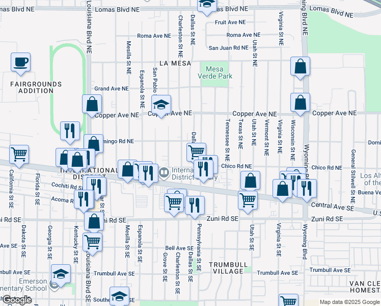 map of restaurants, bars, coffee shops, grocery stores, and more near 219 Dallas Street Northeast in Albuquerque