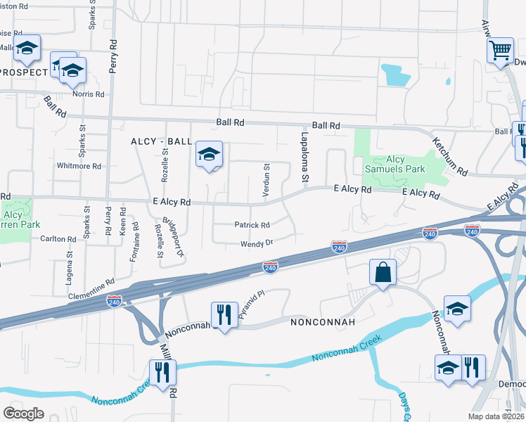 map of restaurants, bars, coffee shops, grocery stores, and more near 1841 East Alcy Road in Memphis