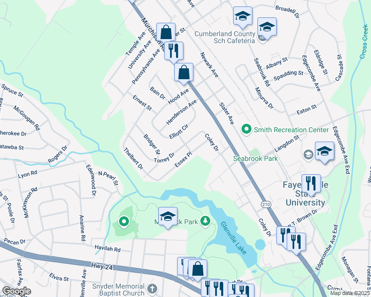 map of restaurants, bars, coffee shops, grocery stores, and more near 1101 Torrey Drive in Fayetteville