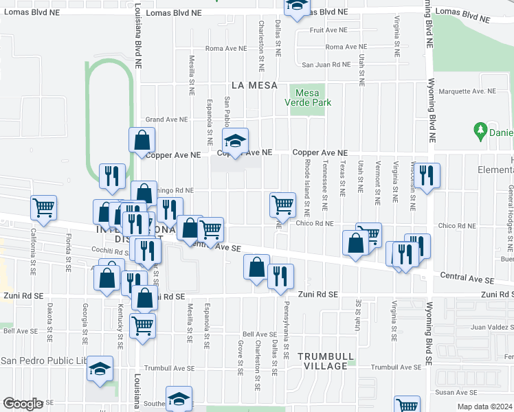 map of restaurants, bars, coffee shops, grocery stores, and more near 225 Charleston Street Northeast in Albuquerque