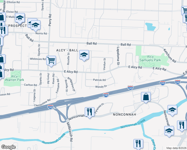 map of restaurants, bars, coffee shops, grocery stores, and more near 1797 E Alcy Rd in Memphis