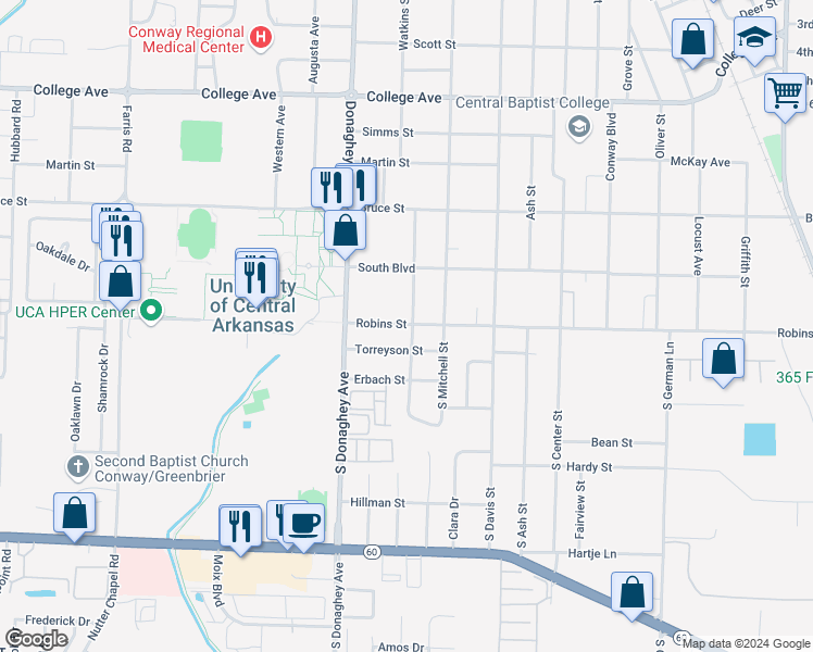 map of restaurants, bars, coffee shops, grocery stores, and more near 107 South Baridon Street in Conway