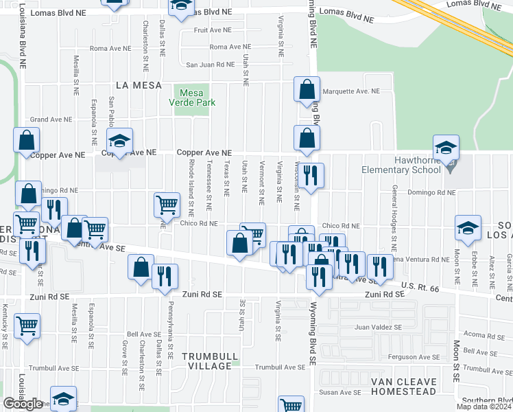 map of restaurants, bars, coffee shops, grocery stores, and more near 225 Vermont Street Northeast in Albuquerque