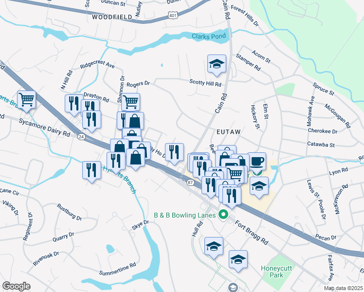 map of restaurants, bars, coffee shops, grocery stores, and more near 650 Tally Drive in Fayetteville