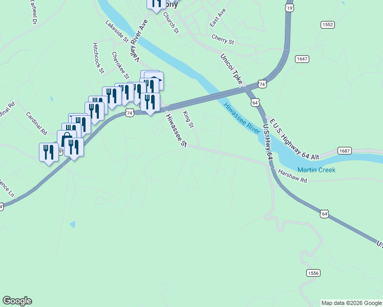 map of restaurants, bars, coffee shops, grocery stores, and more near 9 West Hollow Street in Murphy