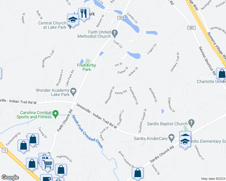 map of restaurants, bars, coffee shops, grocery stores, and more near 1001 Kemp Road in Indian Trail