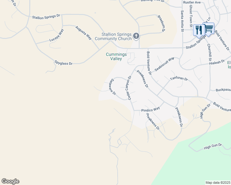 map of restaurants, bars, coffee shops, grocery stores, and more near 28551 Delaware Drive in Stallion Springs