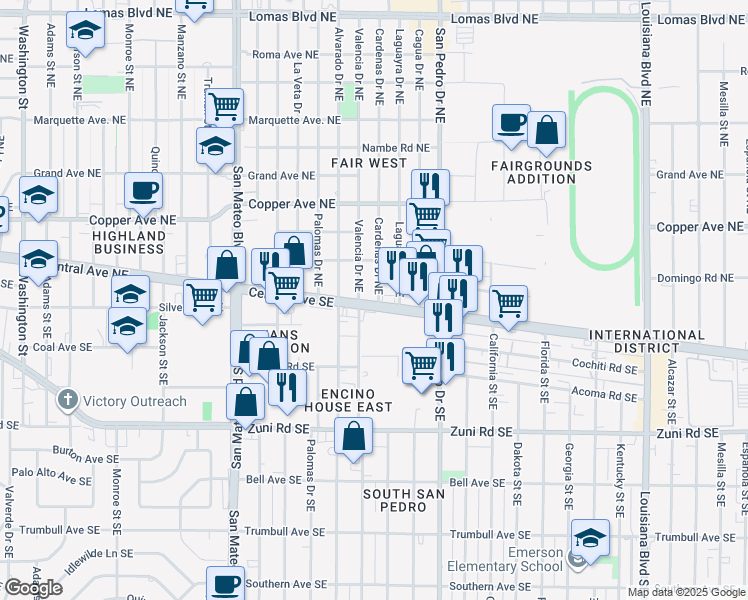 map of restaurants, bars, coffee shops, grocery stores, and more near 59 Valencia Drive Northeast in Albuquerque