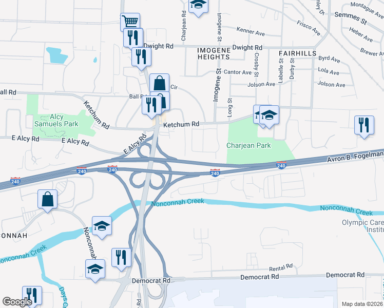 map of restaurants, bars, coffee shops, grocery stores, and more near 2441 Ketchum Road in Memphis
