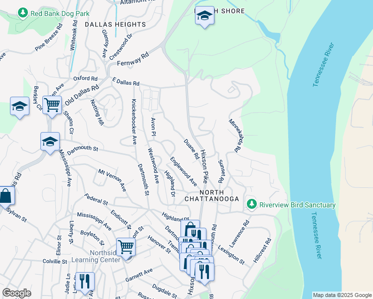 map of restaurants, bars, coffee shops, grocery stores, and more near 1268 Duane Road in Chattanooga