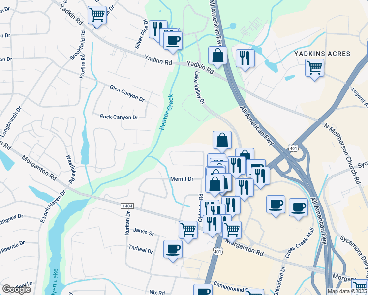 map of restaurants, bars, coffee shops, grocery stores, and more near 5237 Mawood Avenue in Fayetteville