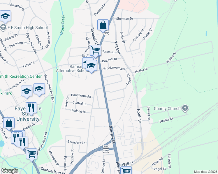 map of restaurants, bars, coffee shops, grocery stores, and more near 106 Kensington Circle in Fayetteville
