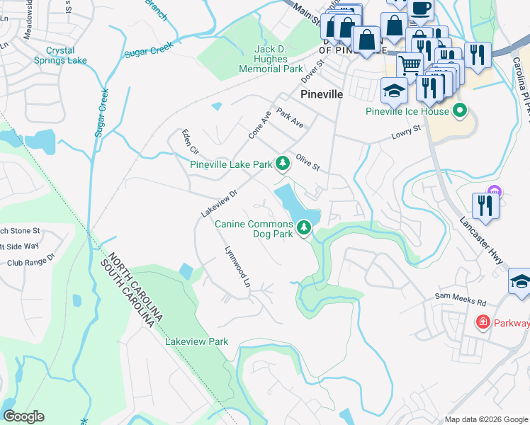 map of restaurants, bars, coffee shops, grocery stores, and more near in Pineville