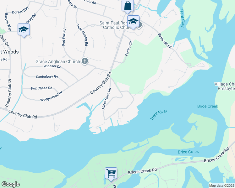 map of restaurants, bars, coffee shops, grocery stores, and more near 300 Trent Shores Drive in Trent Woods