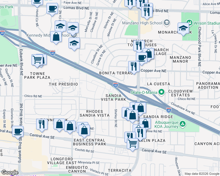 map of restaurants, bars, coffee shops, grocery stores, and more near 99999 Domingo Road Northeast in Albuquerque