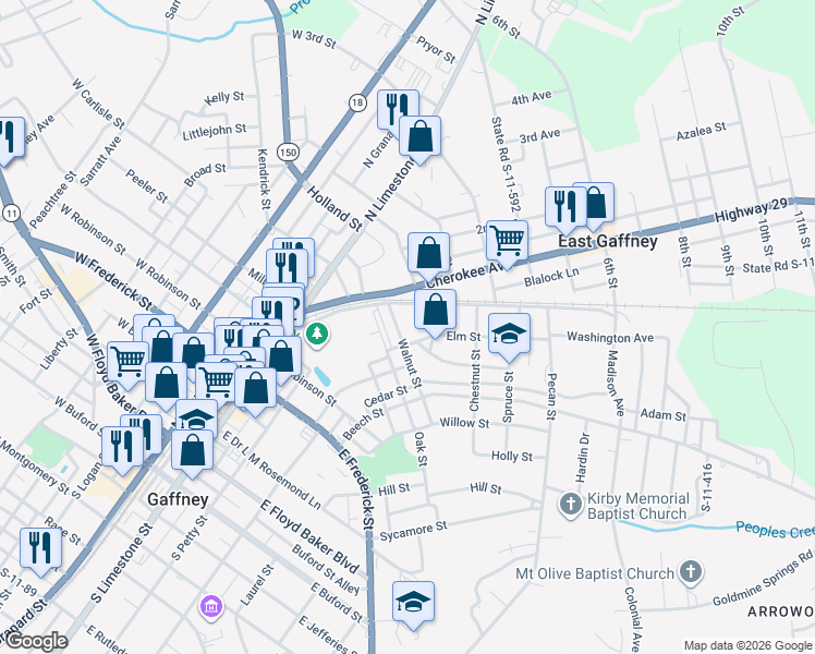 map of restaurants, bars, coffee shops, grocery stores, and more near 107 Walnut Street in Gaffney