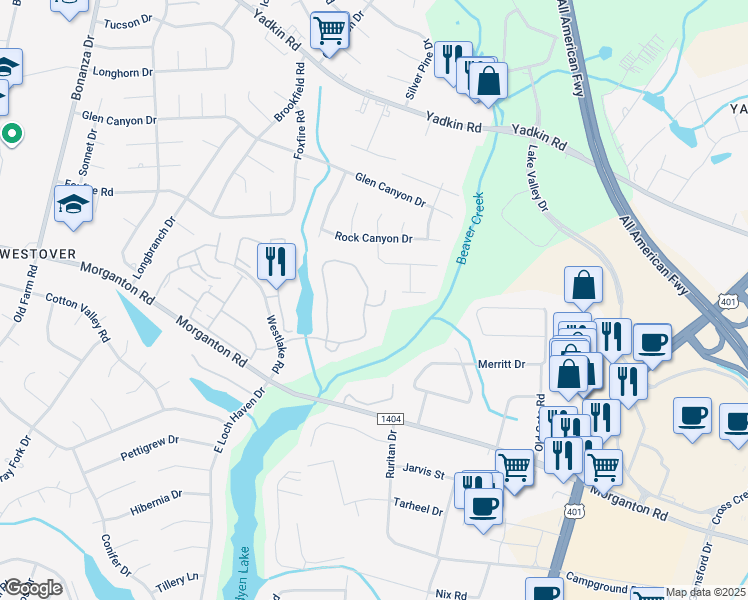 map of restaurants, bars, coffee shops, grocery stores, and more near 283 Waterdown Drive in Fayetteville