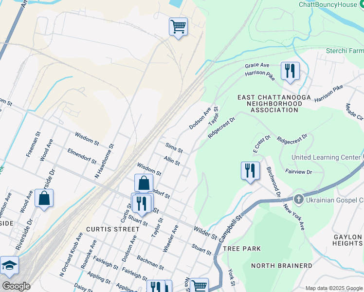map of restaurants, bars, coffee shops, grocery stores, and more near 3502 Dodson Avenue in Chattanooga