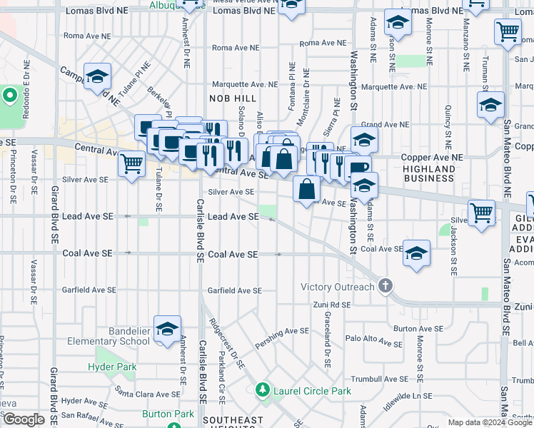 map of restaurants, bars, coffee shops, grocery stores, and more near 3901 Lead Avenue Southeast in Albuquerque