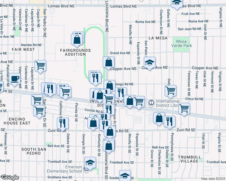 map of restaurants, bars, coffee shops, grocery stores, and more near 141 Alcazar Street Northeast in Albuquerque