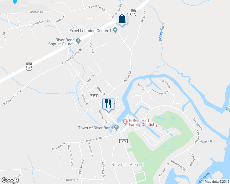 map of restaurants, bars, coffee shops, grocery stores, and more near 125 Pirates Road in New Bern