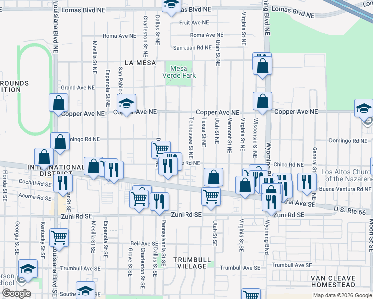 map of restaurants, bars, coffee shops, grocery stores, and more near 227 Tennessee Street Northeast in Albuquerque