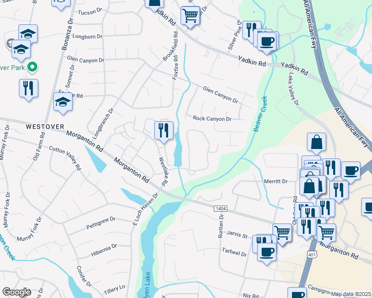 map of restaurants, bars, coffee shops, grocery stores, and more near 217 Waterdown Drive in Fayetteville