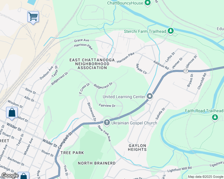 map of restaurants, bars, coffee shops, grocery stores, and more near 3614 Parkway Drive in Chattanooga