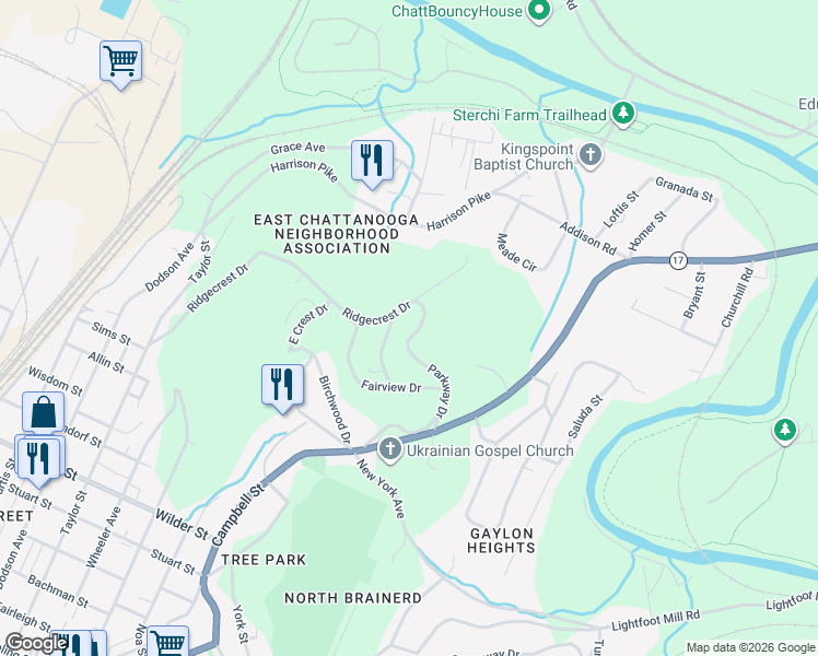map of restaurants, bars, coffee shops, grocery stores, and more near 3614 Parkway Drive in Chattanooga