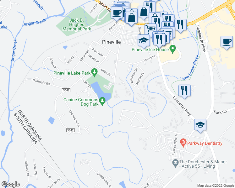 map of restaurants, bars, coffee shops, grocery stores, and more near 429 Robin Reed Court in Pineville