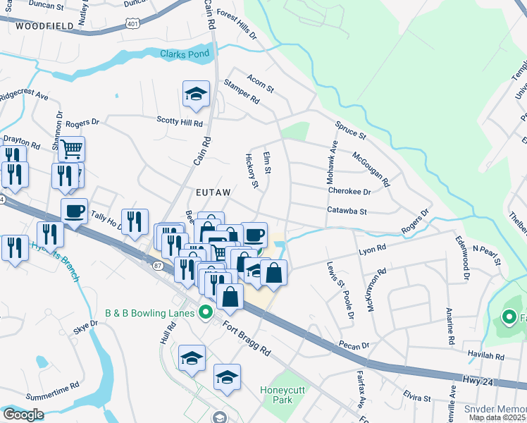 map of restaurants, bars, coffee shops, grocery stores, and more near 1000A Elm Street in Fayetteville