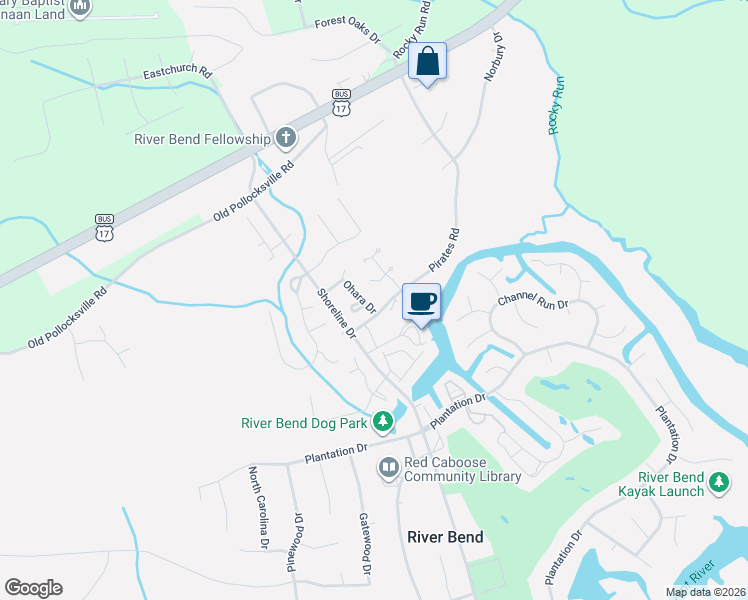 map of restaurants, bars, coffee shops, grocery stores, and more near 120 Pirates Road in New Bern