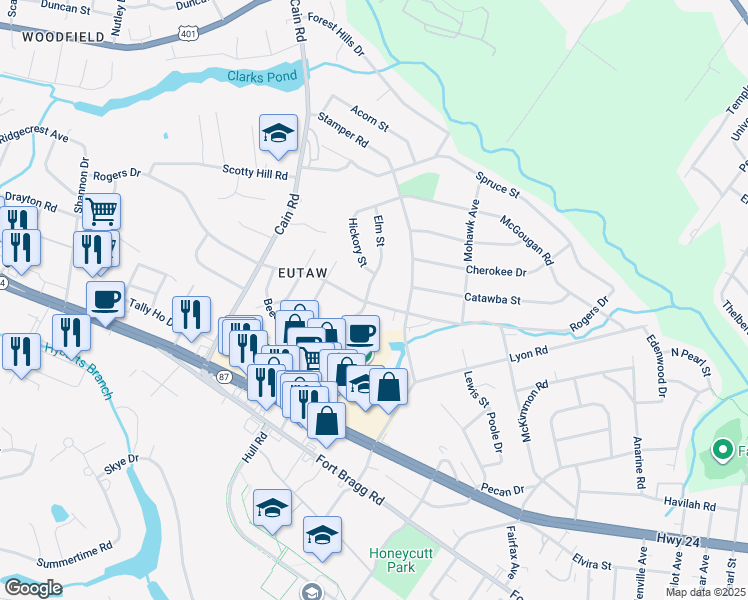 map of restaurants, bars, coffee shops, grocery stores, and more near 1000A Elm Street in Fayetteville