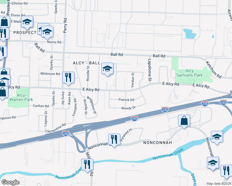 map of restaurants, bars, coffee shops, grocery stores, and more near 1797 East Alcy Road in Memphis