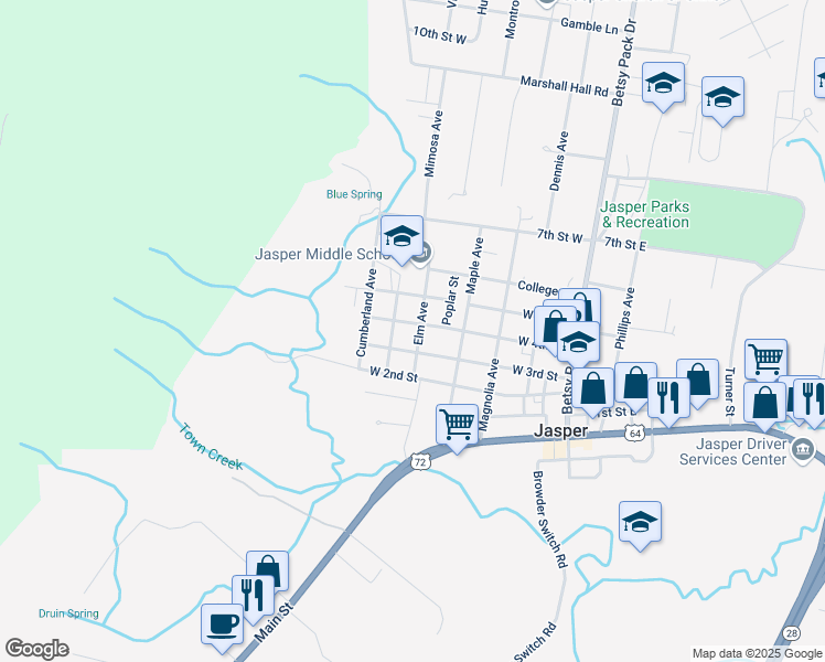 map of restaurants, bars, coffee shops, grocery stores, and more near 311 Elm Ave in Jasper
